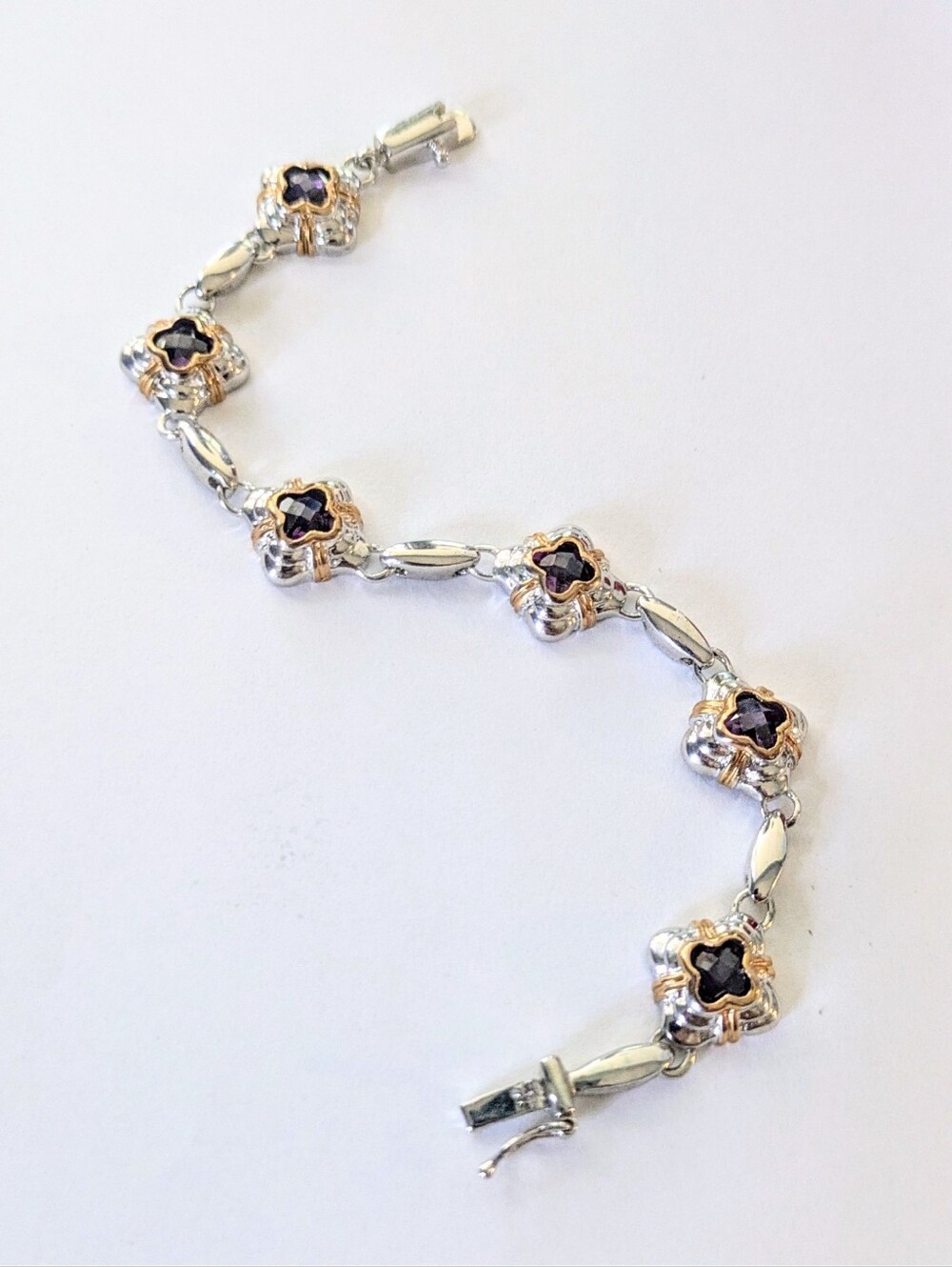 Vintage Silver Plated Gold Accent Purple Crystal Clover Station Link Bracelet 7" - Picture 3 of 9